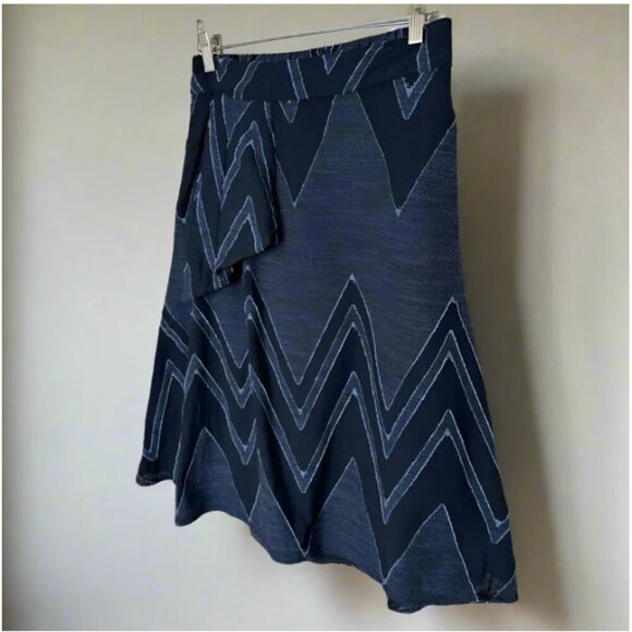 Anthropologie Skirt Womens 0 Blue A-Line Midi Cotton Linen Chevron Eva Franco - Picture 3 of 6